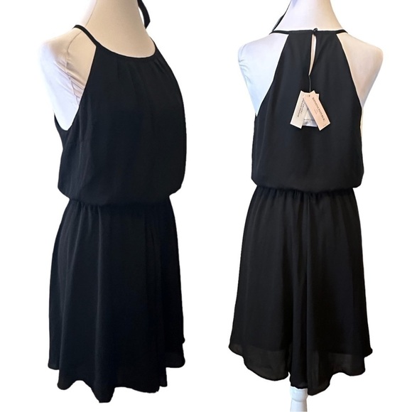 NWT Banana Republic Black Chiffon Halter Neckline Cinch waist Dress Womens Sz LP - Picture 1 of 13